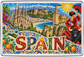 Spain mosaic fridge magnet with Sagrada Familia, Alhambra, Seville Giralda, Ronda bridge and flamenco dancer