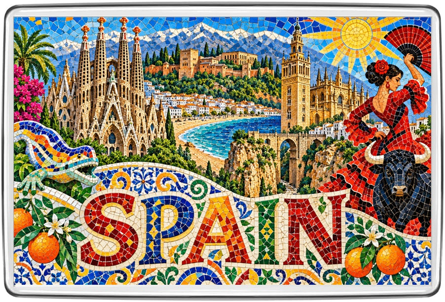 Spain mosaic fridge magnet with Sagrada Familia, Alhambra, Seville Giralda, Ronda bridge and flamenco dancer