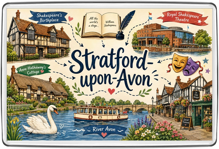 Stratford-upon-Avon illustrated map fridge magnet with Shakespeare Birthplace, Anne Hathaway Cottage, Royal Shakespeare Theatre and River Avon