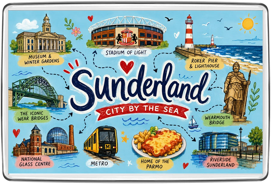 Sunderland illustrated map fridge magnet with Stadium of Light, Roker lighthouse, Wear bridges, National Glass Centre, Metro and waterfront