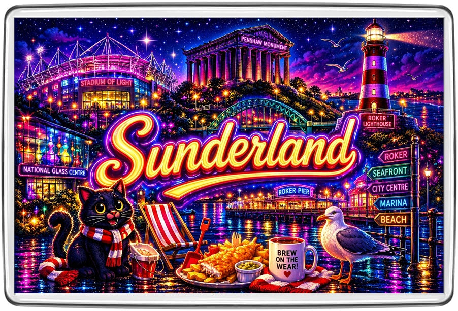 Sunderland neon fridge magnet featuring Stadium of Light, Penshaw Monument, Roker Lighthouse, black cat and seaside food