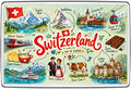 Switzerland illustrated map magnet featuring Swiss flag, Matterhorn, Glacier Express, Lucerne, Lake Geneva, Chillon Castle, chocolate and fondue