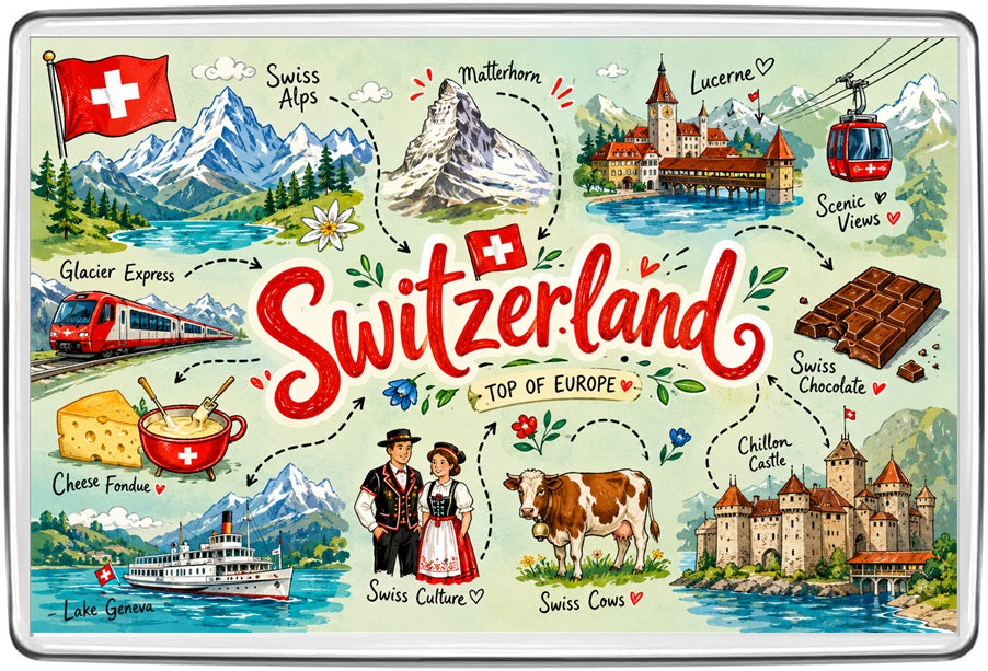 Switzerland illustrated map magnet featuring Swiss flag, Matterhorn, Glacier Express, Lucerne, Lake Geneva, Chillon Castle, chocolate and fondue