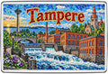 Tampere Finland mosaic fridge magnet featuring Tammerkoski rapids, red-brick factory buildings and the Näsinneula observation tower