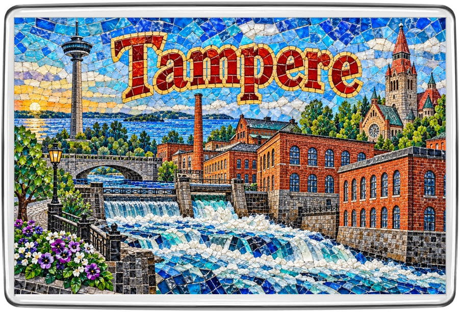 Tampere Finland mosaic fridge magnet featuring Tammerkoski rapids, red-brick factory buildings and the Näsinneula observation tower