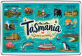 Tasmania illustrated map magnet with Cradle Mountain, Wineglass Bay, Tasmanian devil, wombat and lighthouse