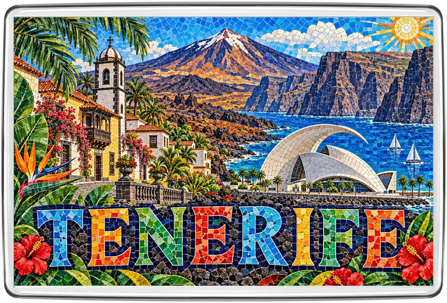 Tenerife Canary Islands mosaic fridge magnet with Mount Teide, coastal cliffs and Auditorio de Tenerife