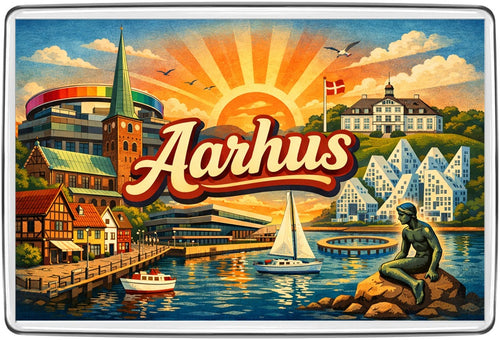 Aarhus vintage lettering collage fridge magnet - illustrated souvenir artwork