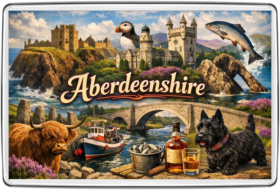 Aberdeenshire illustrated vintage lettering travel souvenir fridge magnet