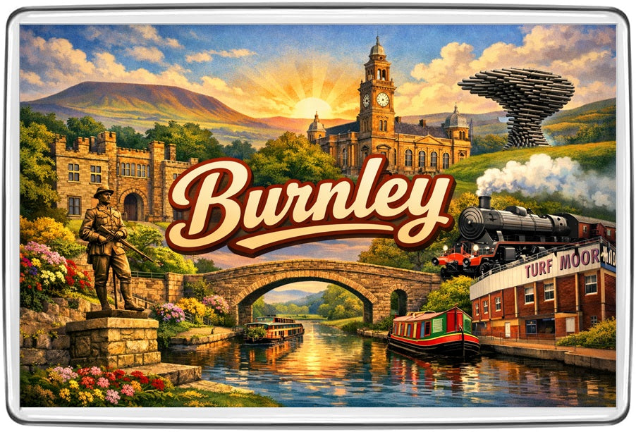 Burnley vintage lettering collage fridge magnet - illustrated travel souvenir