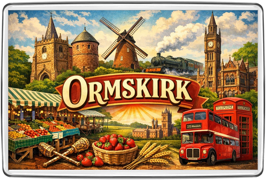 Ormskirk vintage lettering collage fridge magnet souvenir illustration