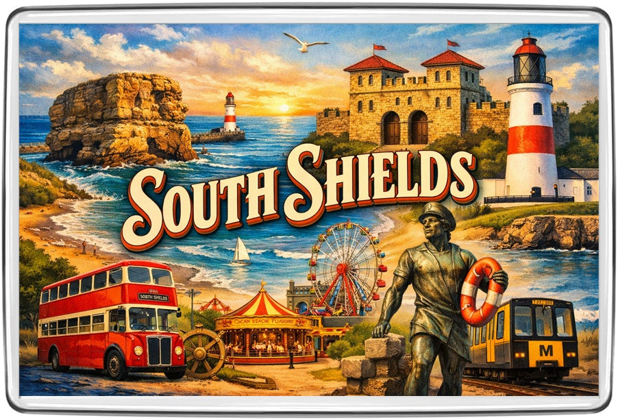 South Shields vintage lettering collage illustrated souvenir fridge magnet design