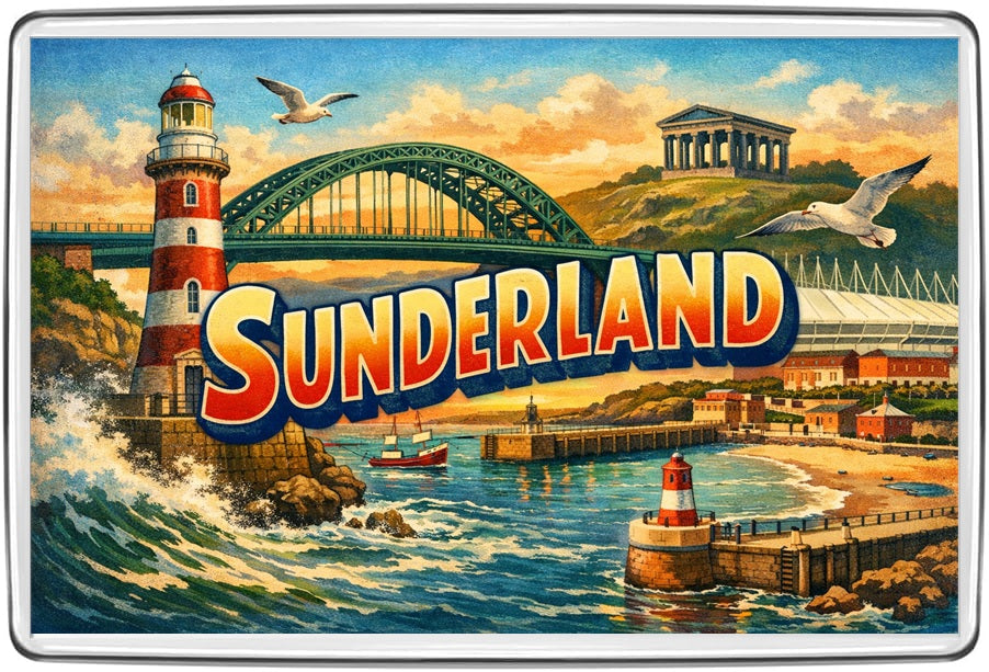 Sunderland vintage lettering collage illustrated travel souvenir fridge magnet