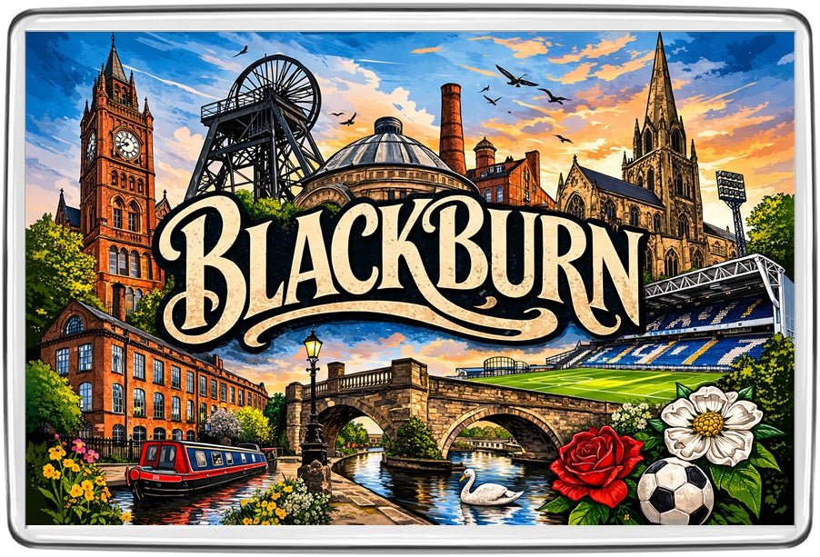 Blackburn vintage lettering collage landscape fridge magnet