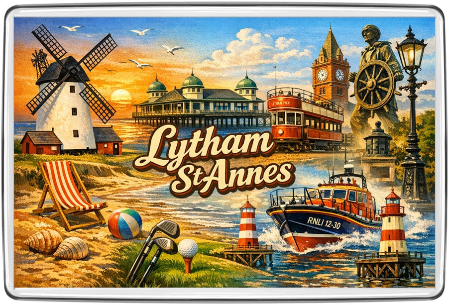 Lytham St Annes Lancashire vintage lettering collage with windmill, pier, heritage tram, RNLI lifeboat, beach and golf