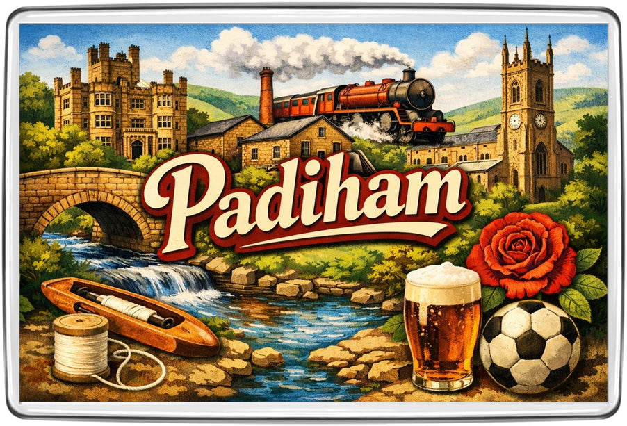 Padiham Lancashire vintage lettering collage fridge magnet with river, steam train, historic buildings and rose
