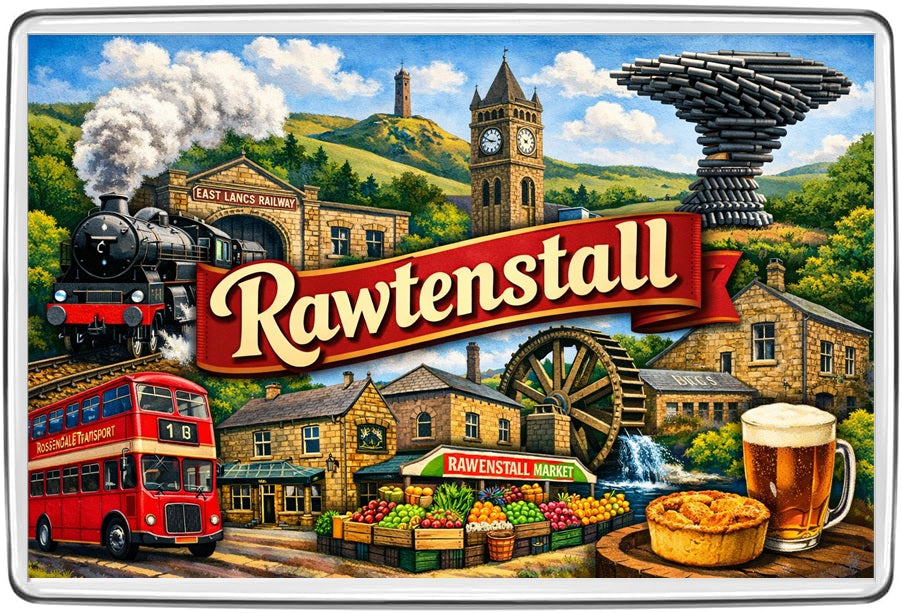 Rawtenstall Lancashire vintage lettering collage with steam train, market stalls, old mill, clock tower, bus and Halo sculpture