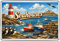 Seahouses Northumberland vintage lettering collage with fishing boats, puffins, seal, castle and lighthouse