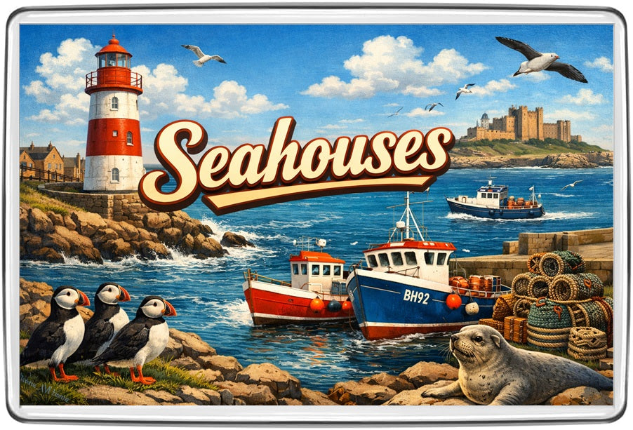 Seahouses Northumberland vintage lettering collage with fishing boats, puffins, seal, castle and lighthouse