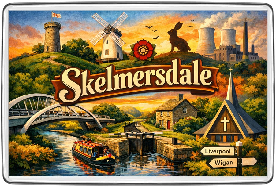 Skelmersdale Lancashire vintage lettering collage with rose, hare, canal boat, windmill, bridge and tower