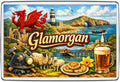 Glamorgan South Wales collage with dragon, coastal arch, lighthouse, castle, sheep, mining helmet and daffodils