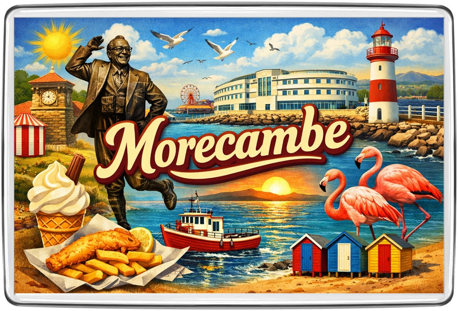 Morecambe seaside collage featuring Eric Morecambe statue, lighthouse, beach huts, ice cream and seafront