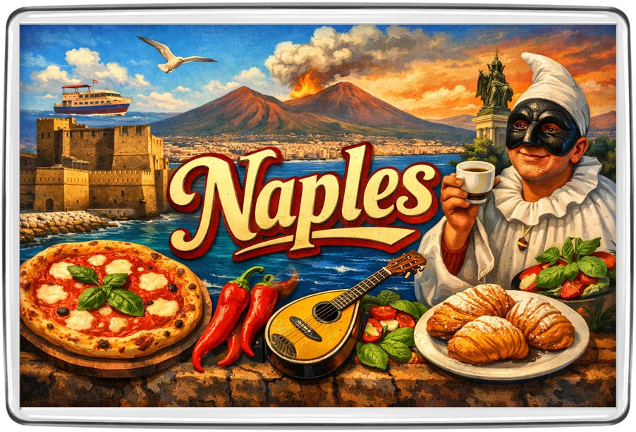Naples Italy vintage collage with Mount Vesuvius, castle, Pulcinella figure, pizza, espresso and mandolin
