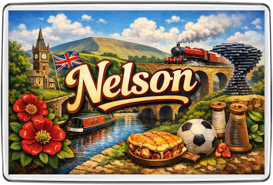 Nelson Lancashire collage showing Pendle hills, steam train, canal, textile bobbins, clock tower and football