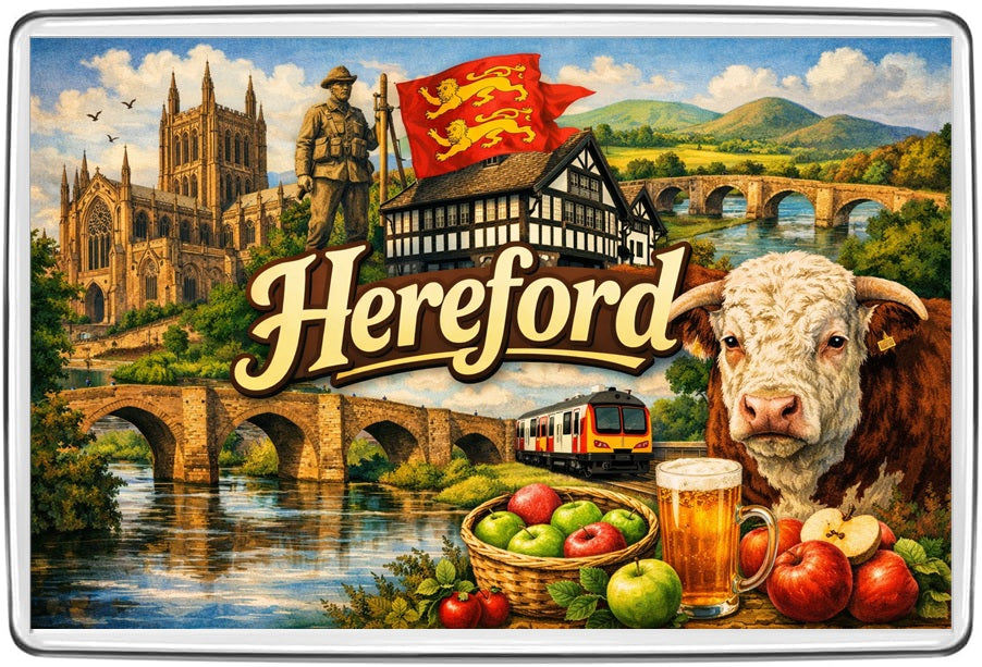 Hereford illustrated vintage lettering collage 70 x 45 mm acrylic fridge magnet