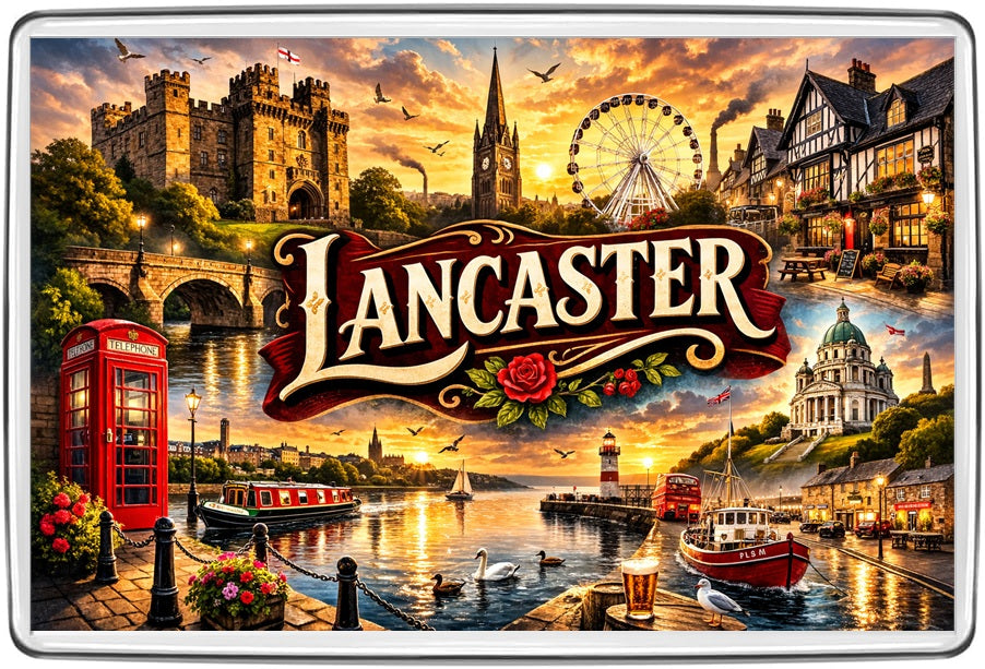 Lancaster colourful vintage lettering collage souvenir magnet artwork