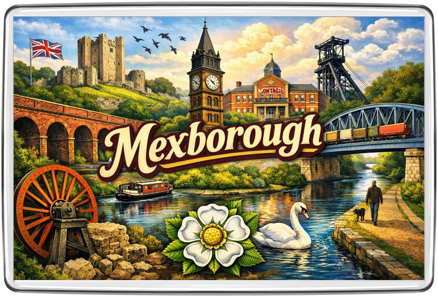 Mexborough detailed illustrated vintage lettering souvenir magnet