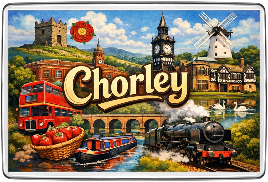 Chorley Lancashire vintage lettering art with church, railway, windmill, narrowboat, red bus and strawberries