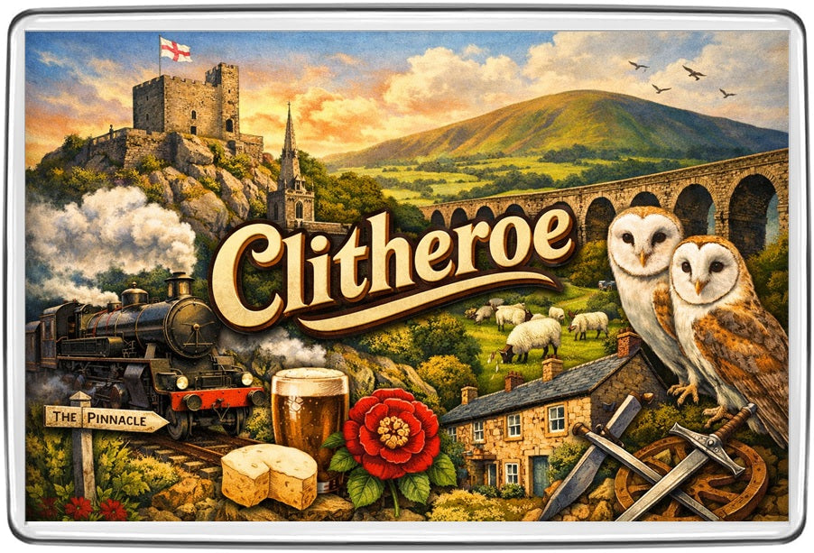 Clitheroe vintage lettering magnet with castle, steam railway, rolling hills, barn owls, rose and cheese