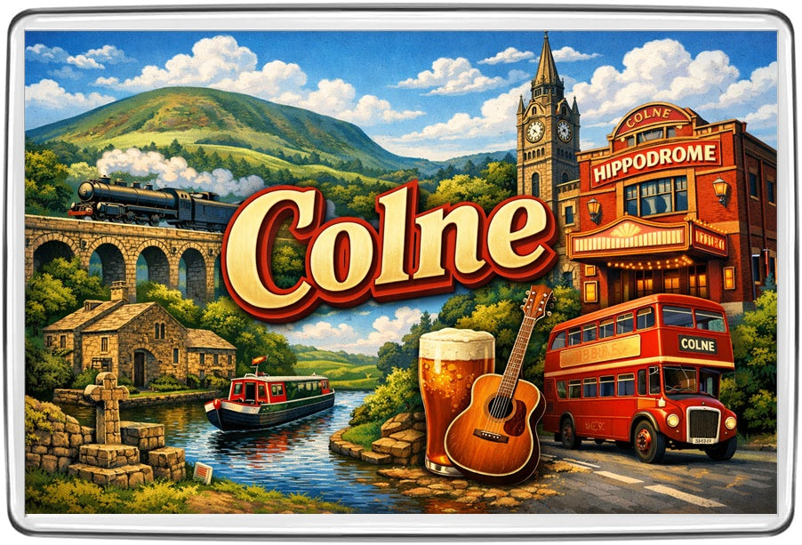 Colne vintage lettering collage with hills, railway, town clock, Hippodrome, bus, canal boat and guitar