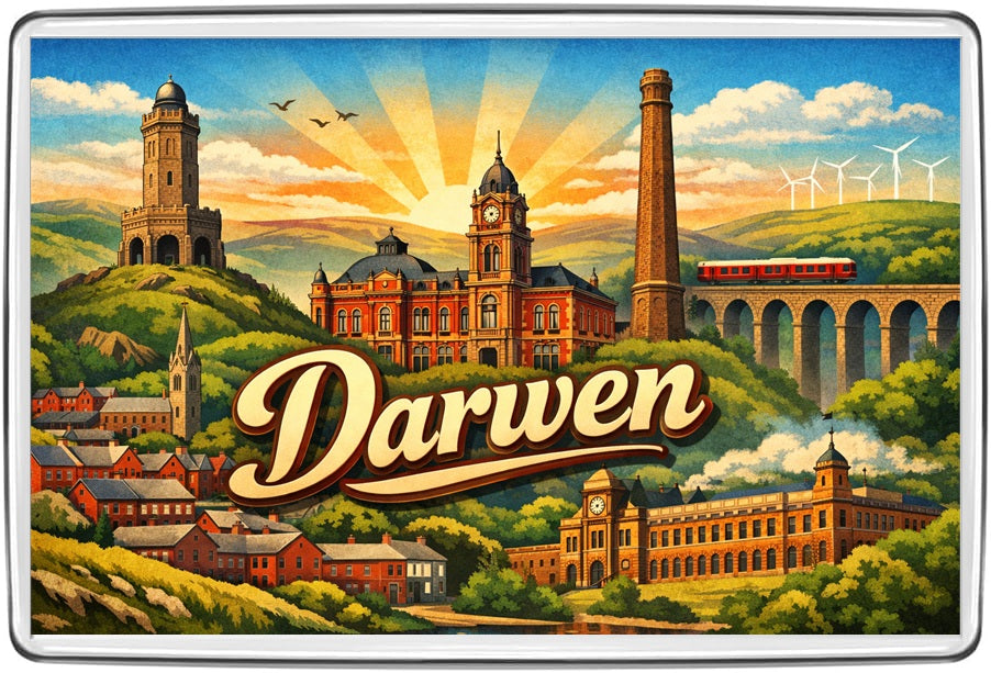 Darwen Lancashire vintage lettering artwork with Darwen Tower, Victorian civic buildings, railway and mill chimney