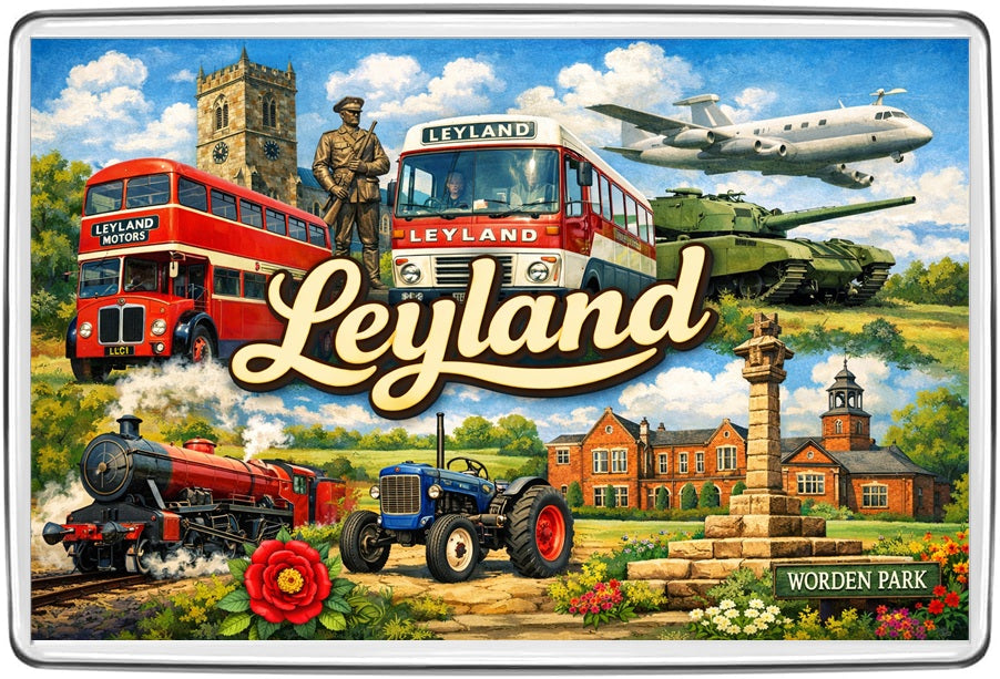 Leyland Lancashire vintage lettering magnet featuring classic buses, tractor, steam train and Worden Park