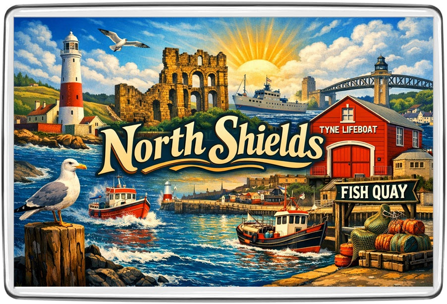 North Shields Tyne and Wear Vintage Lettering Collage Fridge Magnet design