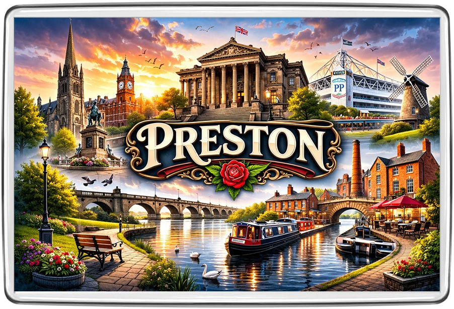Preston vintage lettering collage fridge magnet artwork