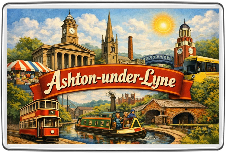 Ashton-under-Lyne vintage lettering collage showing market square, Metrolink tram, clock towers and canal boats
