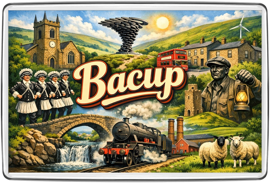 Bacup Lancashire heritage illustration with vintage script, clog dancers, coal miner, steam train and Pennine hills