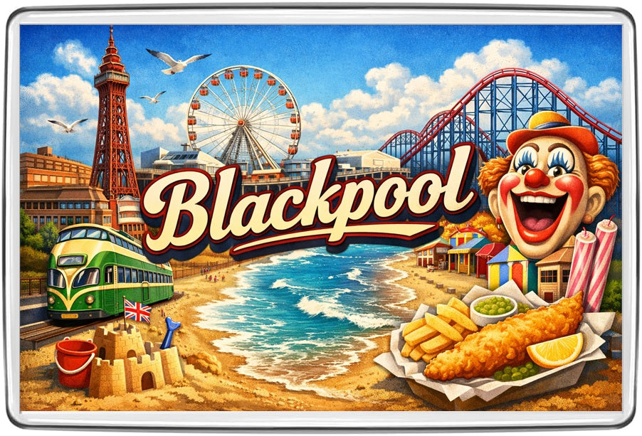 Blackpool vintage lettering fridge magnet with Blackpool Tower, big wheel, roller coaster, clown and fish and chips