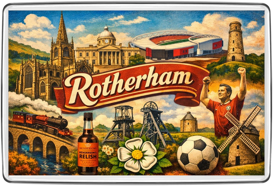 Rotherham vintage lettering collage with church, steel and mining heritage, football stadium and steam train