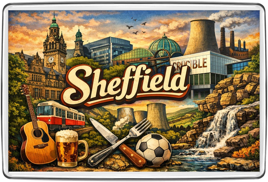 Sheffield vintage lettering collage with Town Hall, Crucible Theatre, steel cutlery, tram and waterfall