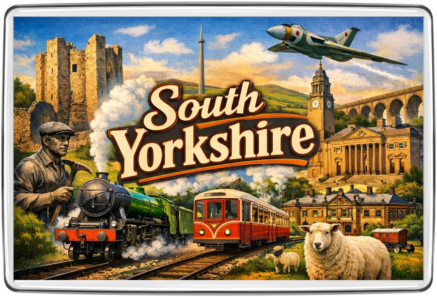 South Yorkshire vintage lettering collage with coal miner, steam locomotive, tram, viaduct and sheep