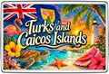Turks and Caicos Islands vintage lettering collage fridge magnet, flamingo, turtle and Caribbean beach