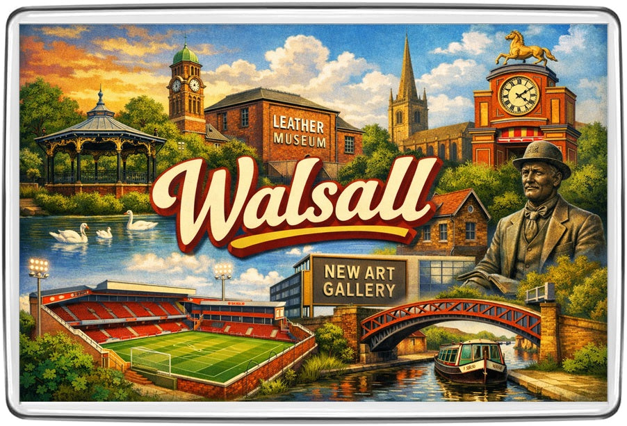 Walsall West Midlands vintage lettering collage magnet with Leather Museum, New Art Gallery and stadium