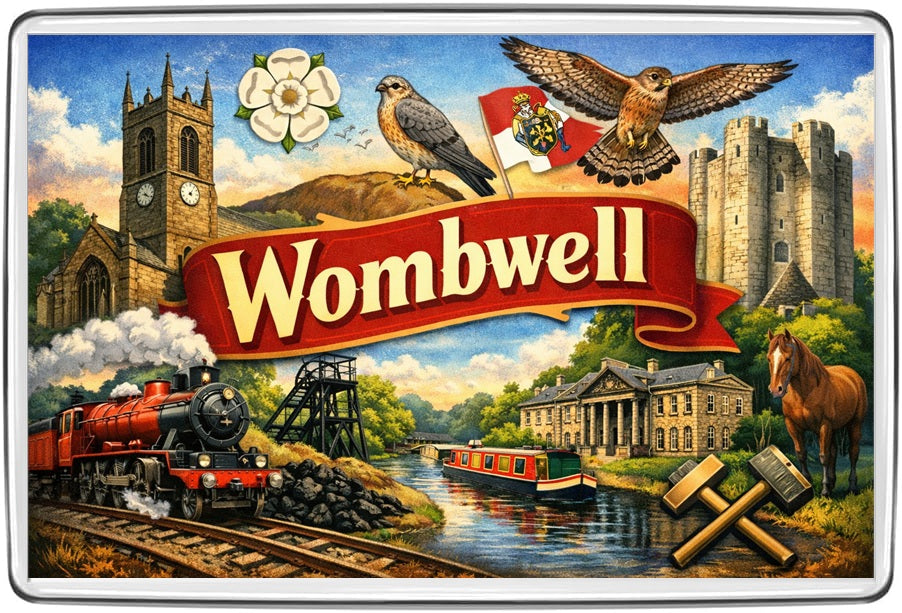 Wombwell South Yorkshire vintage lettering collage with mining pithead, steam train, church and narrowboat