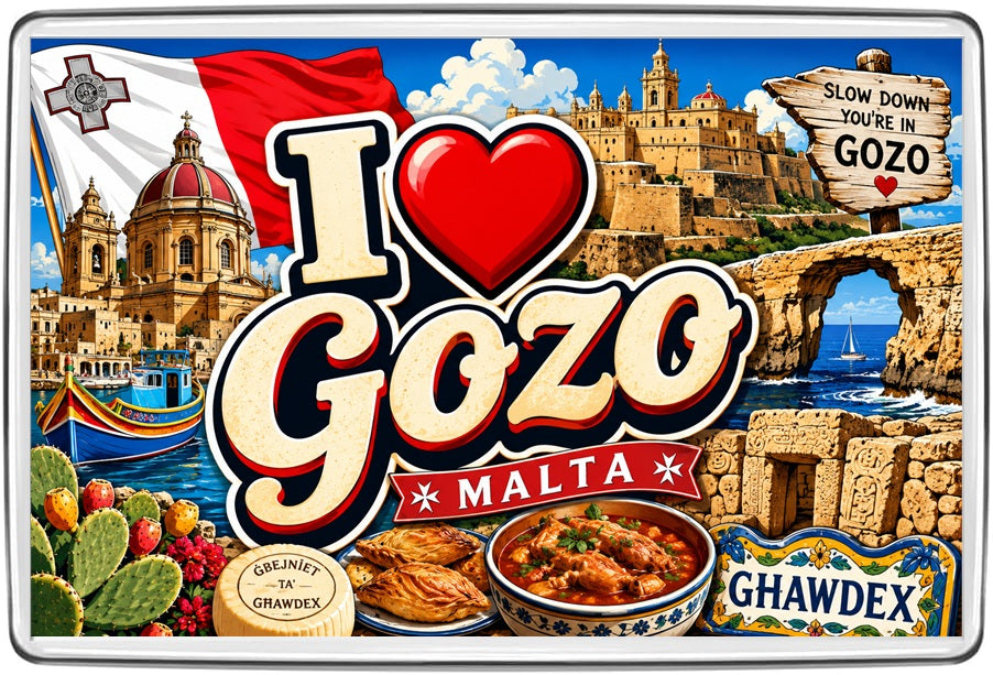 I Love Gozo Malta illustrated souvenir fridge magnet featuring the Citadel, fishing boat and limestone coast