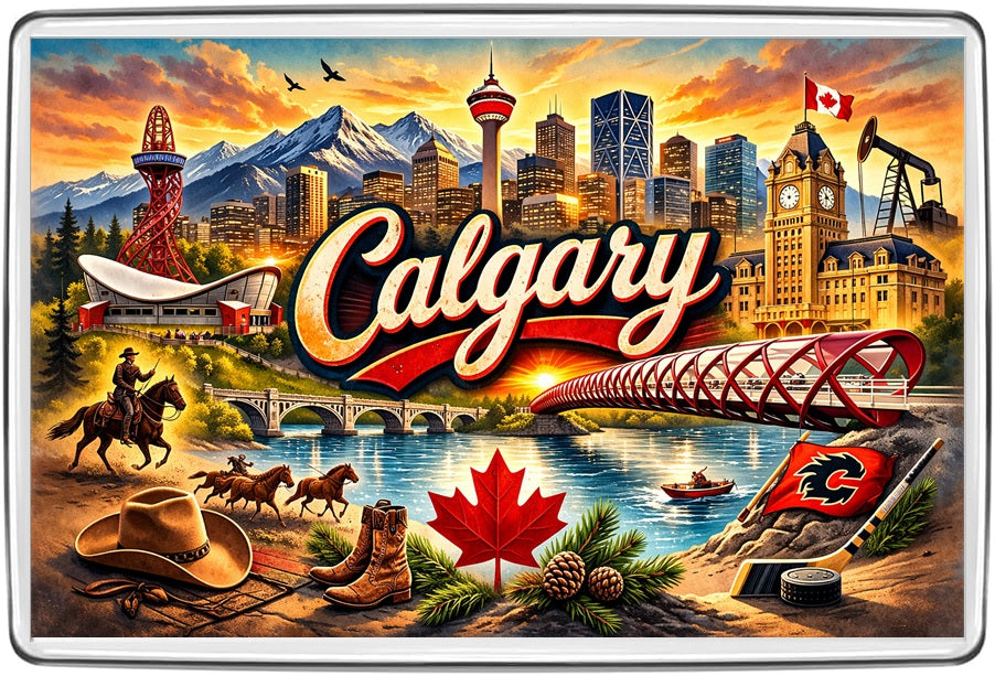 Calgary vintage lettering collage fridge magnet