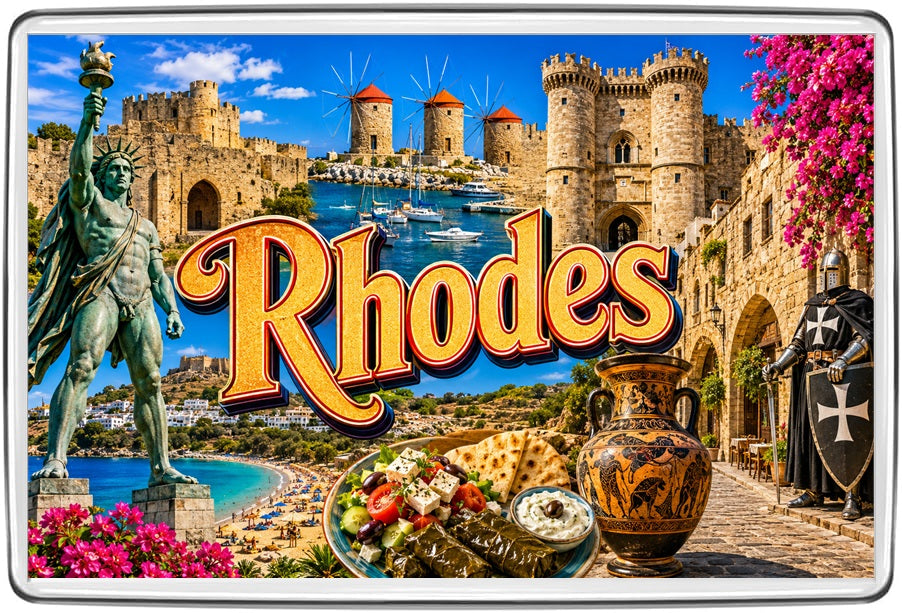 Rhodes island magnet with imagined Colossus figure, harbour windmills, palace, Greek pottery and old town